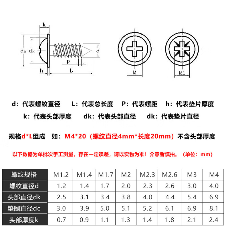 304不锈钢pwa十字圆头带垫片自攻螺丝盘头带垫自攻钉m35m3m4m5m4810个