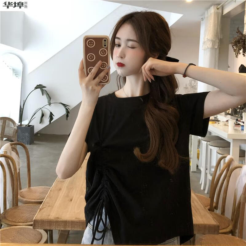 麦寻女装品质2022年夏季新款宽松不规则设计感小众抽绳短袖t恤女白色