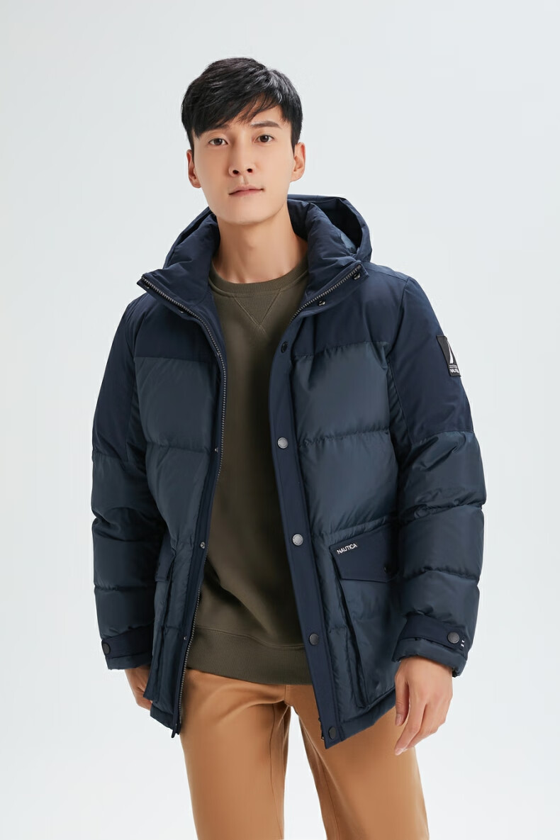 nautica诺帝卡男装2020秋冬防轻溅水加厚紧身修身立体连帽保暖羽绒服