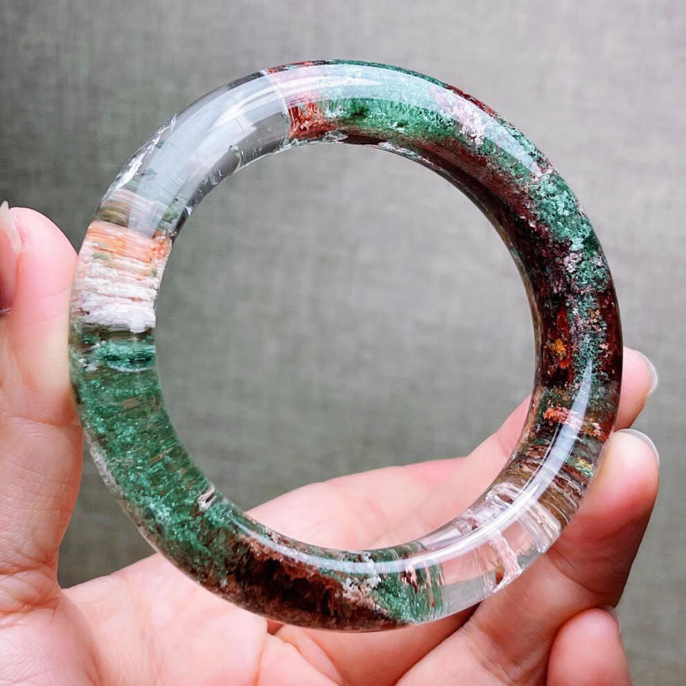 古珍水晶手镯彩幽灵绿幽灵水晶手镯女款一物一图镯子饰品圈口54送长辈