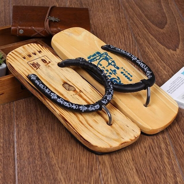 蔻梅烧松木防水防滑木屐日本式夹板拖鞋凉拖木板人字拖木履 玉藏青色
