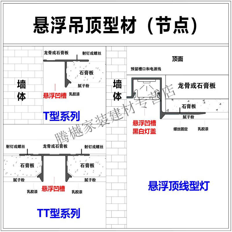 悬浮吊顶石膏板收边条阴角工艺槽u型铝合金属型材装饰t形压条黑白悬浮