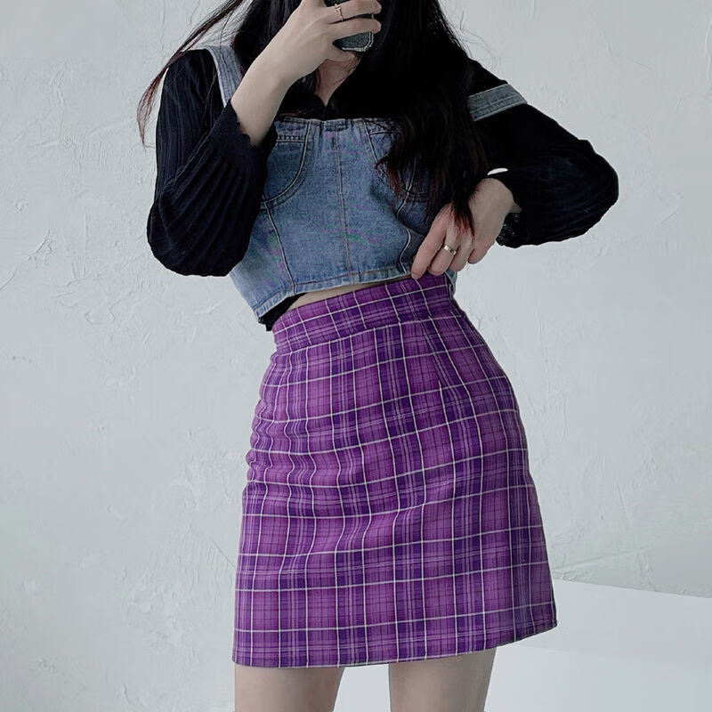 今年流行的秋季新款紫色双开叉小心机性感复古格子女半身裙高腰显瘦字