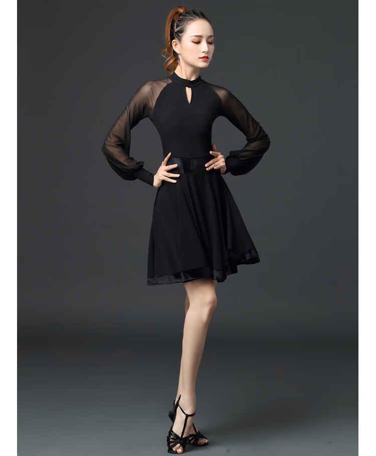 国标舞连衣裙拉丁舞裙交谊舞蹈服装演出练习大摆裙吉特巴舞 黑色 m