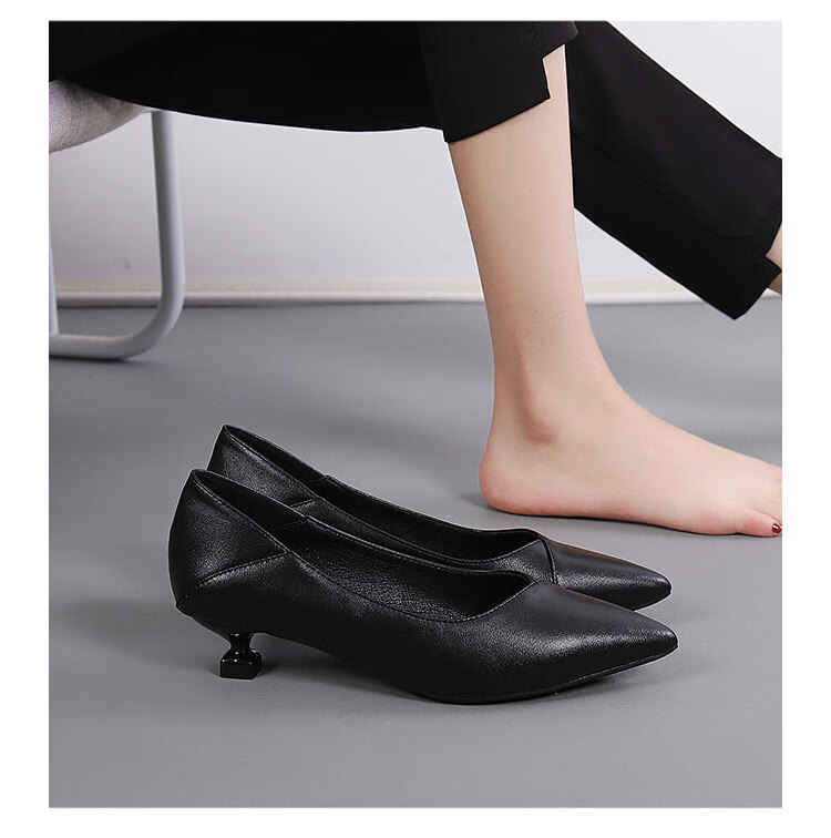 卡帝乐鳄鱼特价真皮女鞋单鞋软底工作鞋女正装软皮细跟气质皮鞋尖头