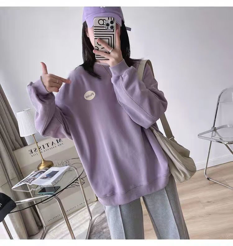 卫衣女春夏薄款香芋紫卫衣女学生潮春秋季宽松圆领长袖薄款上衣小众