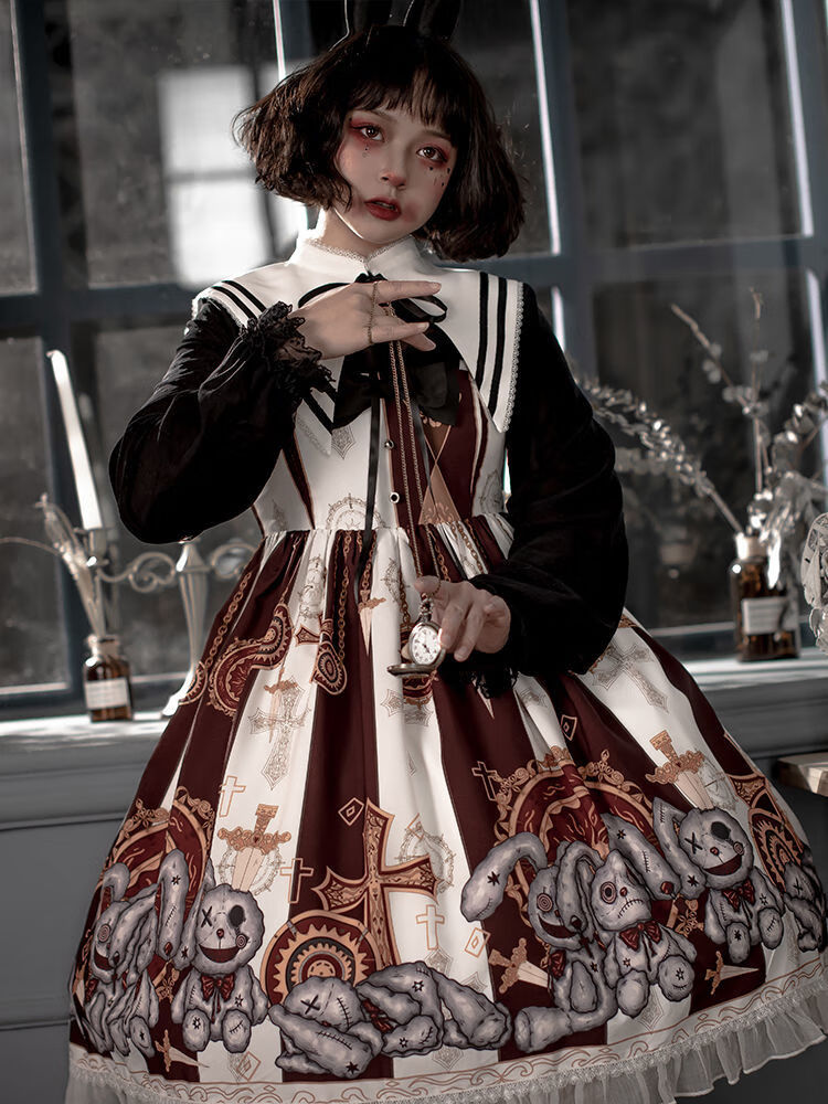 淑游崩坏兔偶lolita无袖兔子柄jsk哥特风暗黑系洛丽塔连衣裙 黑色吊带