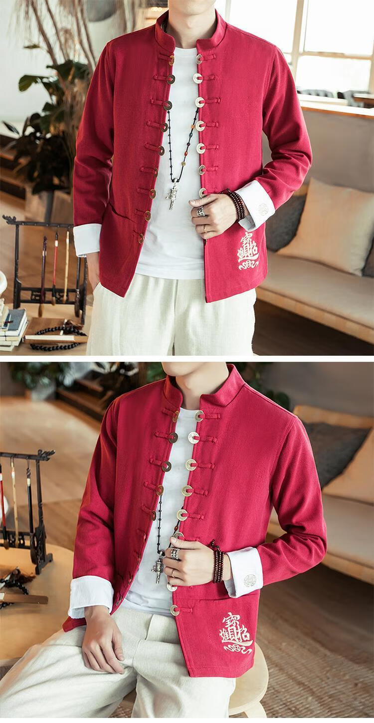 啄木鸟春秋冬季男装春季中国风唐装复古刺绣夹克古装中式青年汉服棉麻