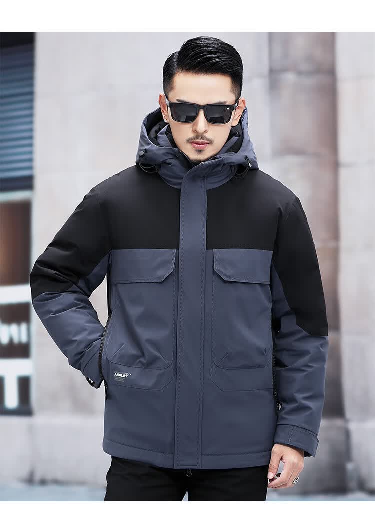 蒙口羽绒服男短款2022年新款冬季男士拼色工装派克服户外连帽白鸭绒男