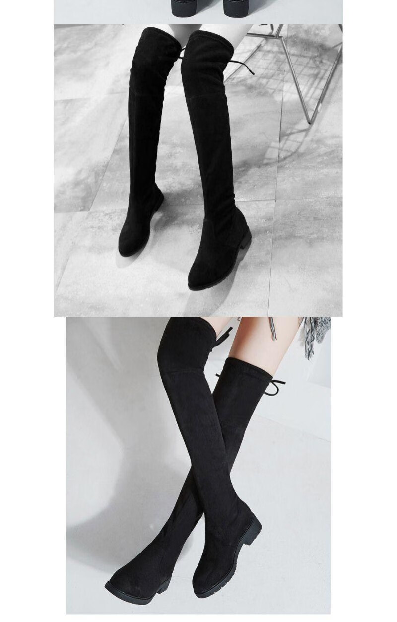 过膝靴长靴女靴秋冬新款弹力女靴子平底高筒大码潮 黑色加绒里子 36