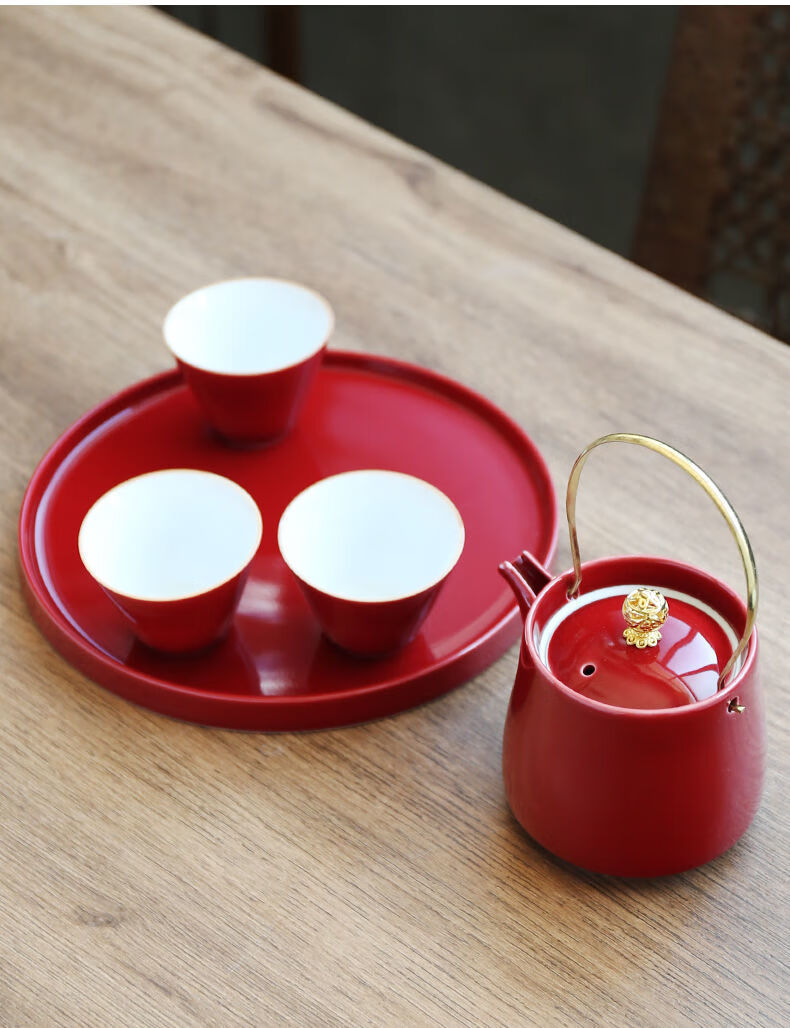 陶瓷功夫茶具套装中式小茶壶茶杯托盘小套装花茶泡茶壶喜事敬茶壶粉青