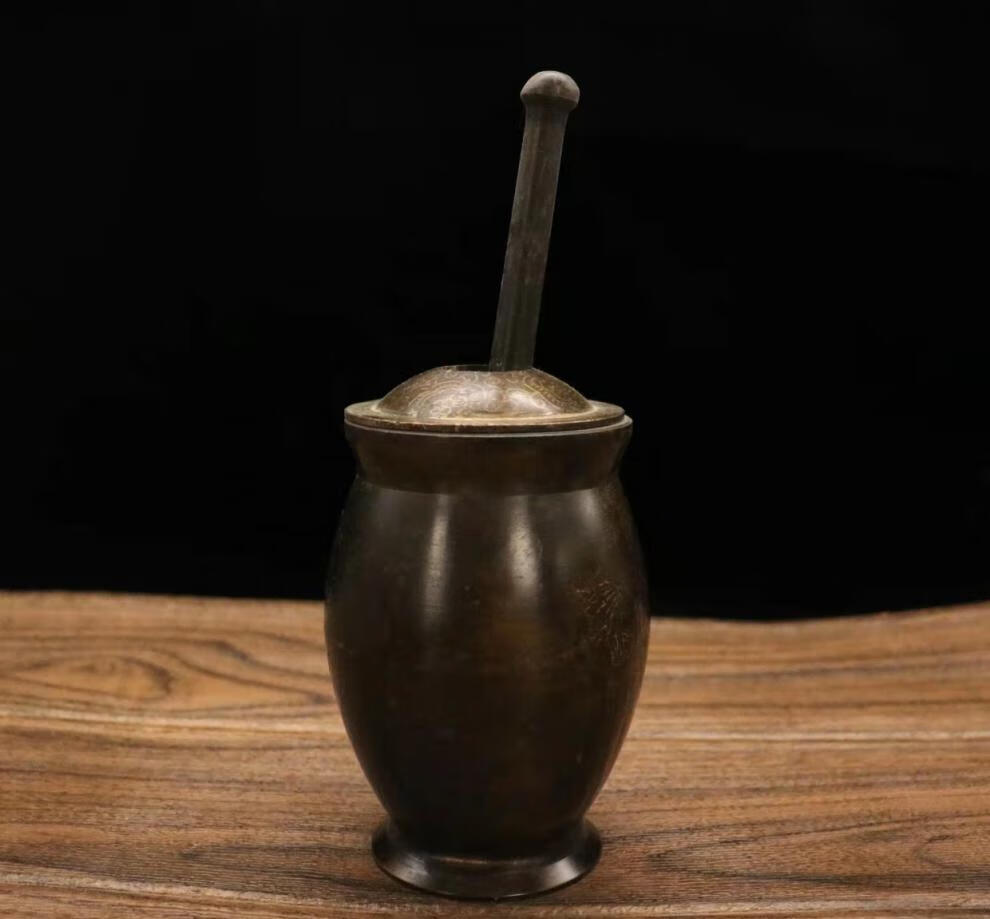 中医研钵纯铜捣药罐实心华佗中药中医摆件老式铜臼冲筒盅研钵研磨器捣