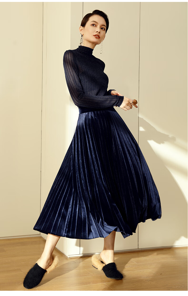 富贵鸟品牌 半身裙女秋冬金丝绒百褶裙中长款复古港味高腰a字裙显瘦