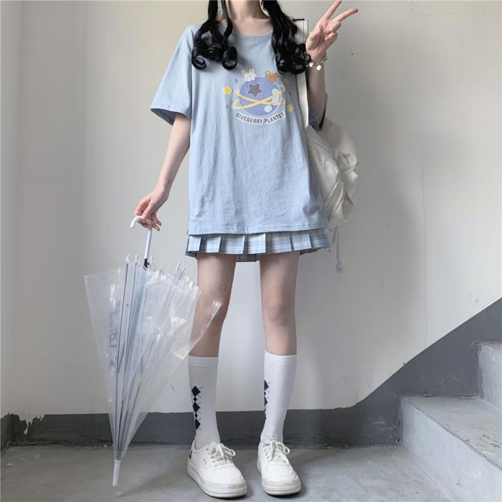 青少年女生装初中生短袖t恤少女夏季高中学生穿的气质韩版宽松圆领