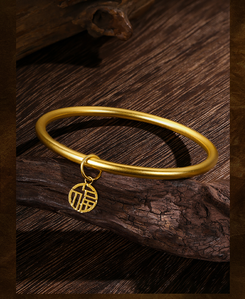 老凤凰黄金手镯女款古法传承素圈福牌金镯子足金999光圈手环结婚三金