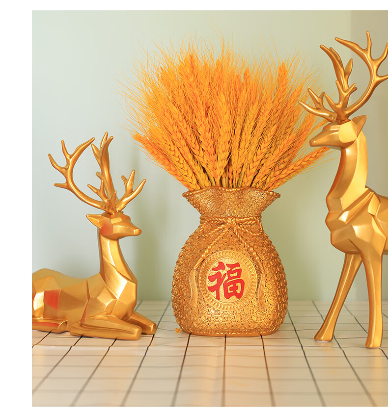 黄金麦穗和花瓶黄金麦穗干花摆件大麦花束真花客厅摆设福袋金色大花瓶