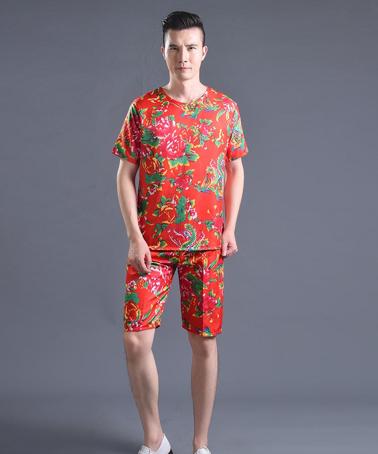 东北大花衣二人转演出服男搞笑大花布衣服t恤套装女抖音花裤子红t恤红