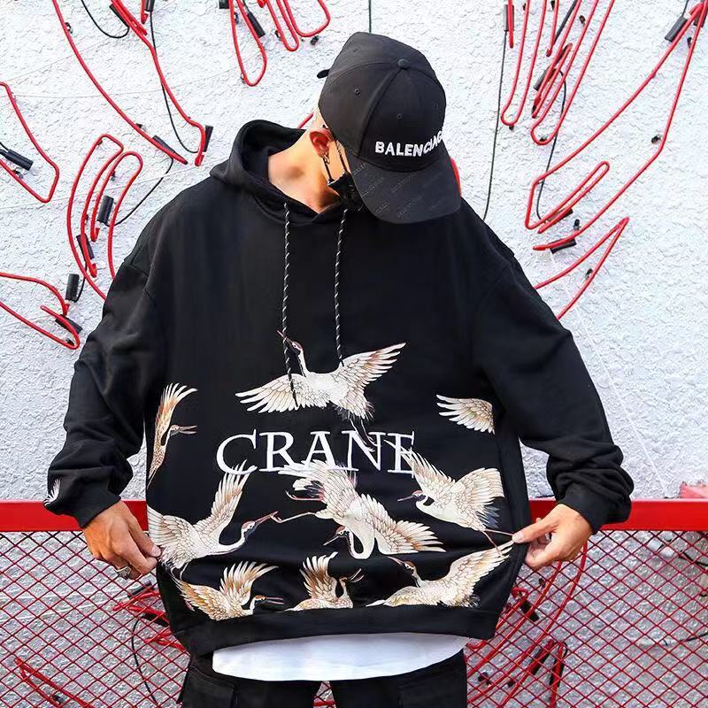 情侣装秋冬潮牌仙鹤连帽卫衣加绒男女oversize嘻哈加绒卫衣上衣男
