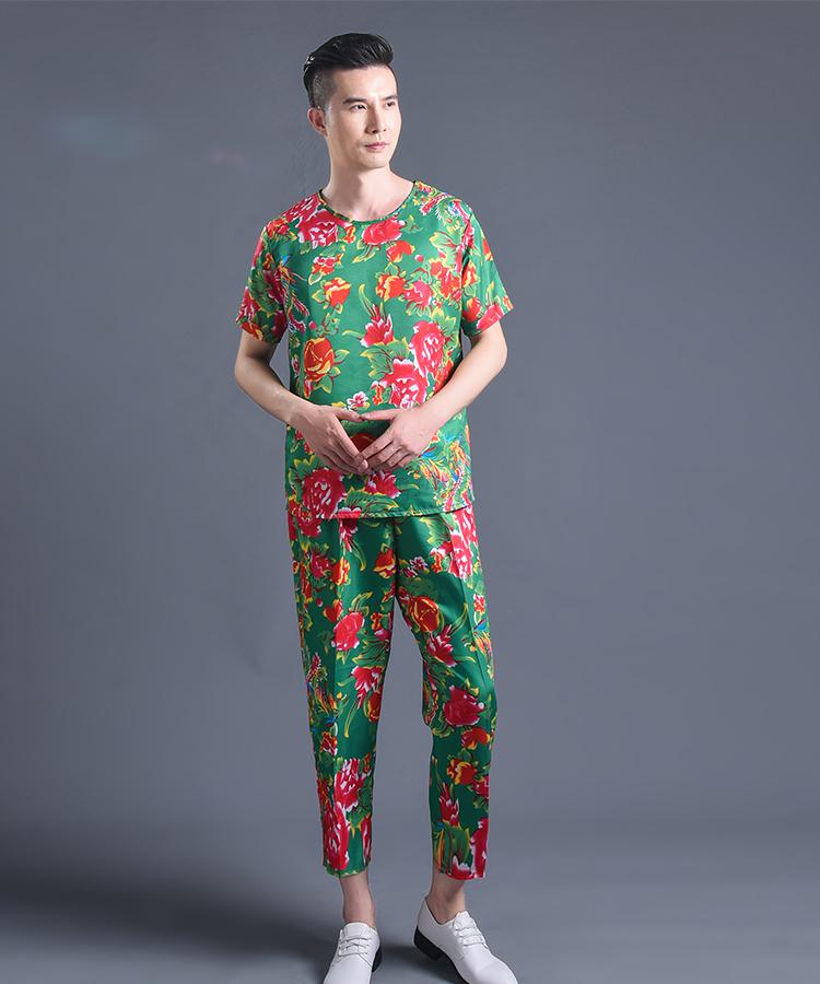 东北大花衣二人转演出服男搞笑大花布衣服t恤套装女抖音花裤子红t恤红