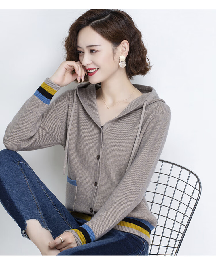 南极人 羊绒衫女2020秋冬季新品短款连帽针织开衫宽松休闲毛衣外套厚