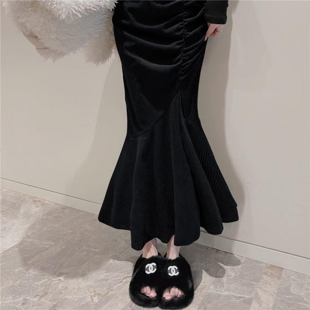 女黑色半身裙女春秋网红炸街御姐气质高腰显瘦包臀褶皱鱼尾长裙黑色xl
