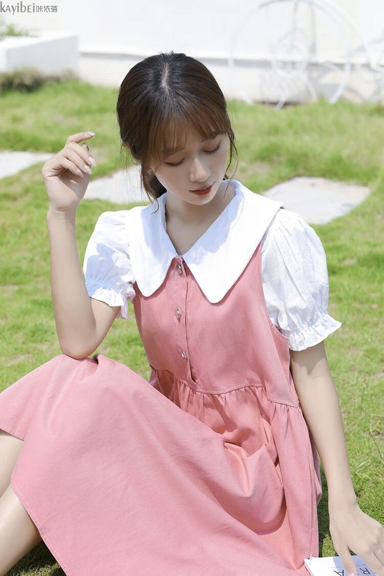 粉色背带裙子少女夏装2022新款初中高中学生甜美森系学院风连衣裙粉红