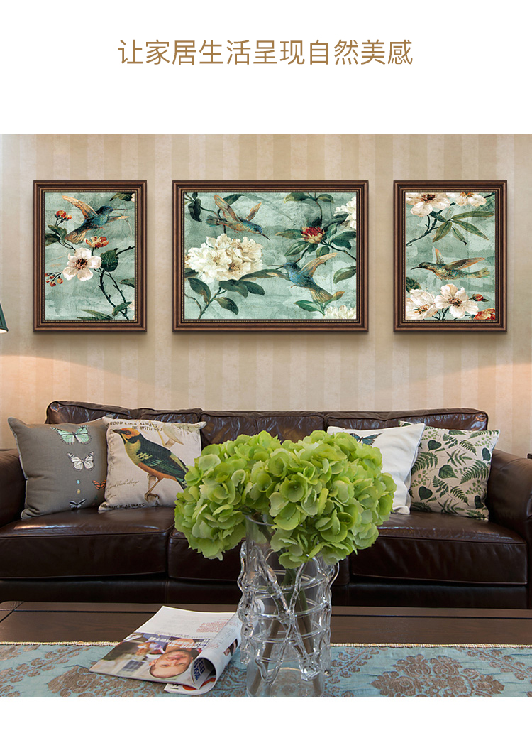 画餐厅花鸟复古风壁画田园墙画g款整体尺寸8060cm古典棕外框环保外框