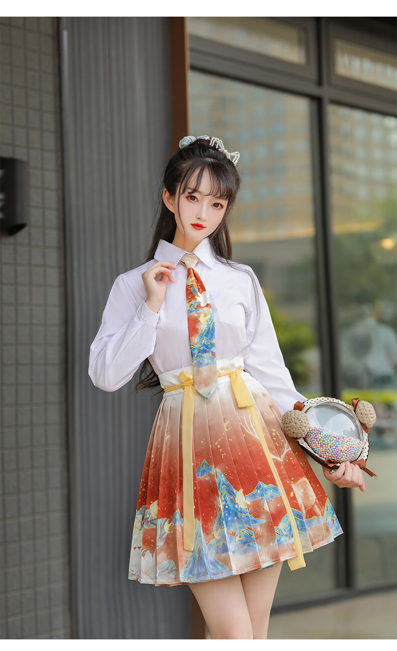 唤伊民族风汉服女国风改良汉元素学jk衬衫百褶裙秋装青色套装xxl120