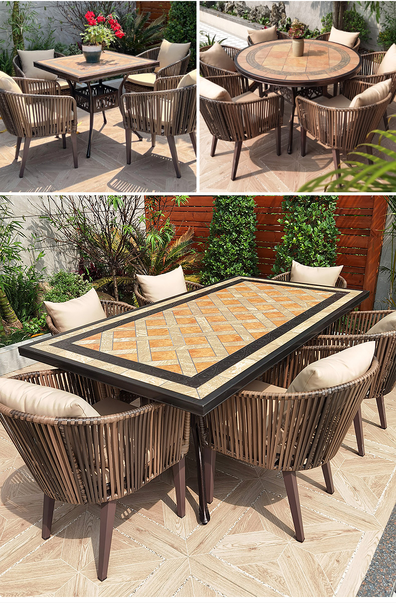 户外铸铝瓷砖桌子室外庭院花园休闲藤编藤椅外摆阳台桌椅组合 6 1
