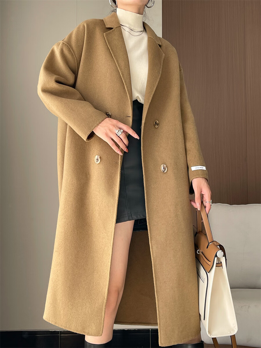 雅鹿【品质好货】双面呢羊毛大衣女休闲上衣手缝中长款2022年秋冬新款