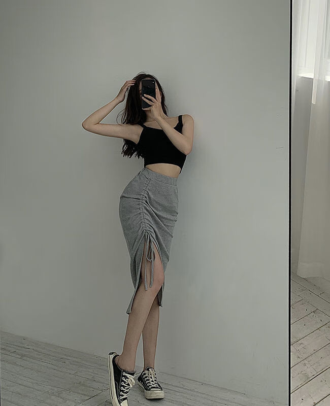 开叉半身裙女高腰显瘦抽绳褶皱设计感小众中长裙夏季性感包臀裙子深