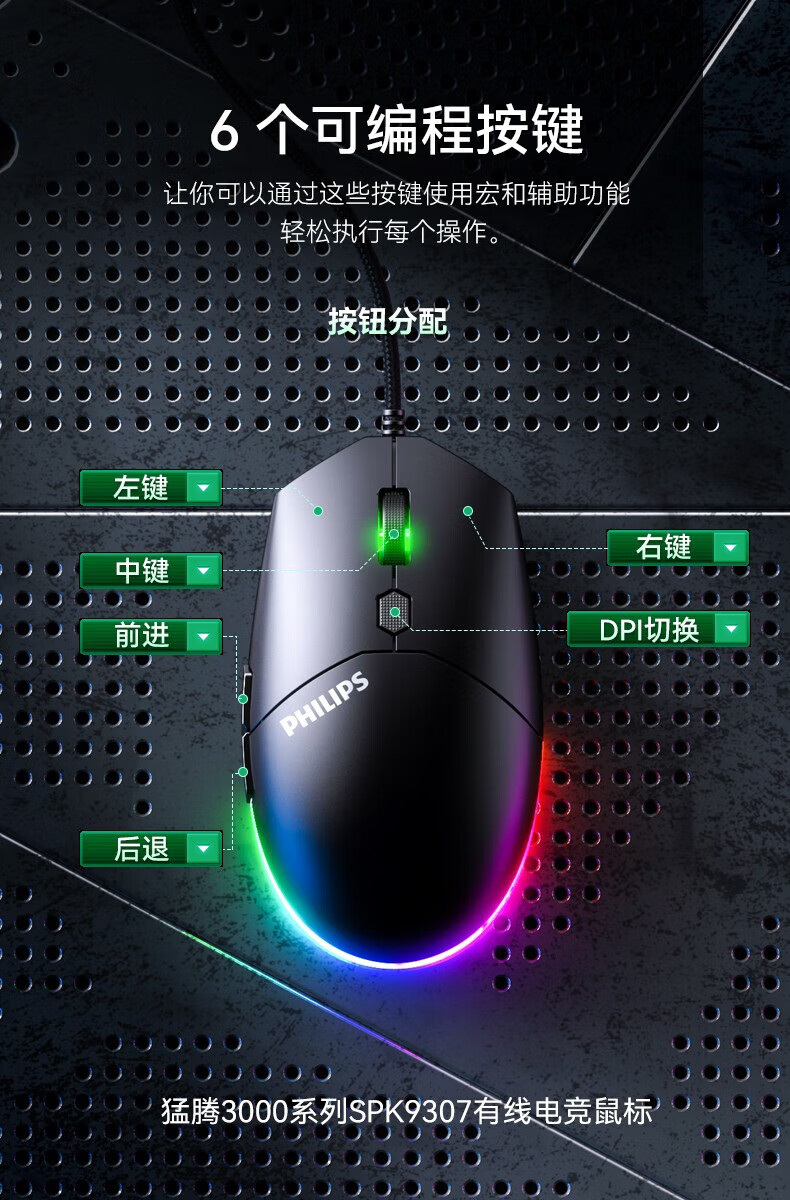 飞利浦电竞有线鼠标游戏专用apex吃鸡绝地求生可编程宏侧键可调节dpi