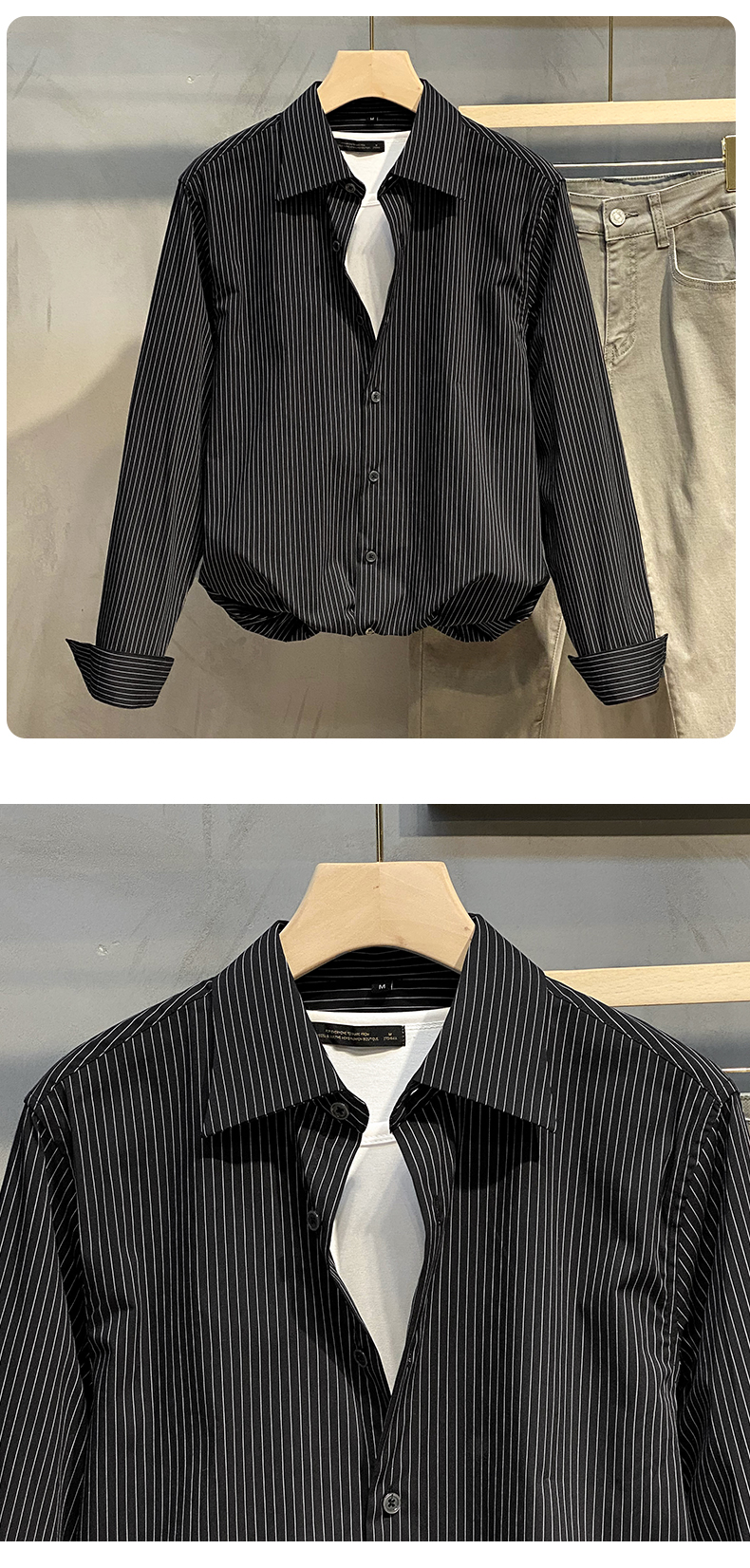 sunbairy品牌细条纹衬衫男韩版潮流修身轻奢感男士衬衣长袖2022春季