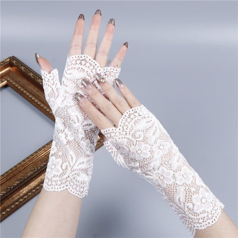 卷丛蕾丝手套露指蕾丝防晒半指手套女夏天遮阳遮疤痕纹身手套开车骑行