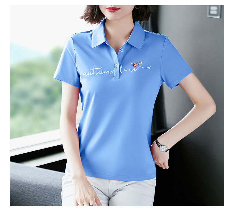 时尚小衫短袖t恤女士翻领夏装2022年新款妈妈薄款上衣polo衫天蓝色m