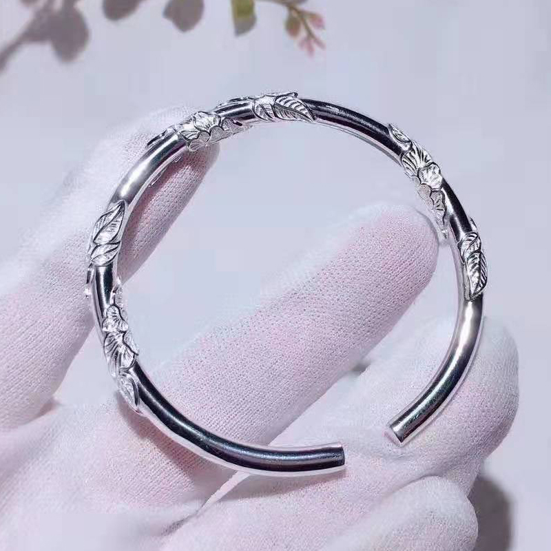 【芙蕖】南雪花银足银999纯银牡丹绕丝开口手镯可调节简约大方礼物 圆