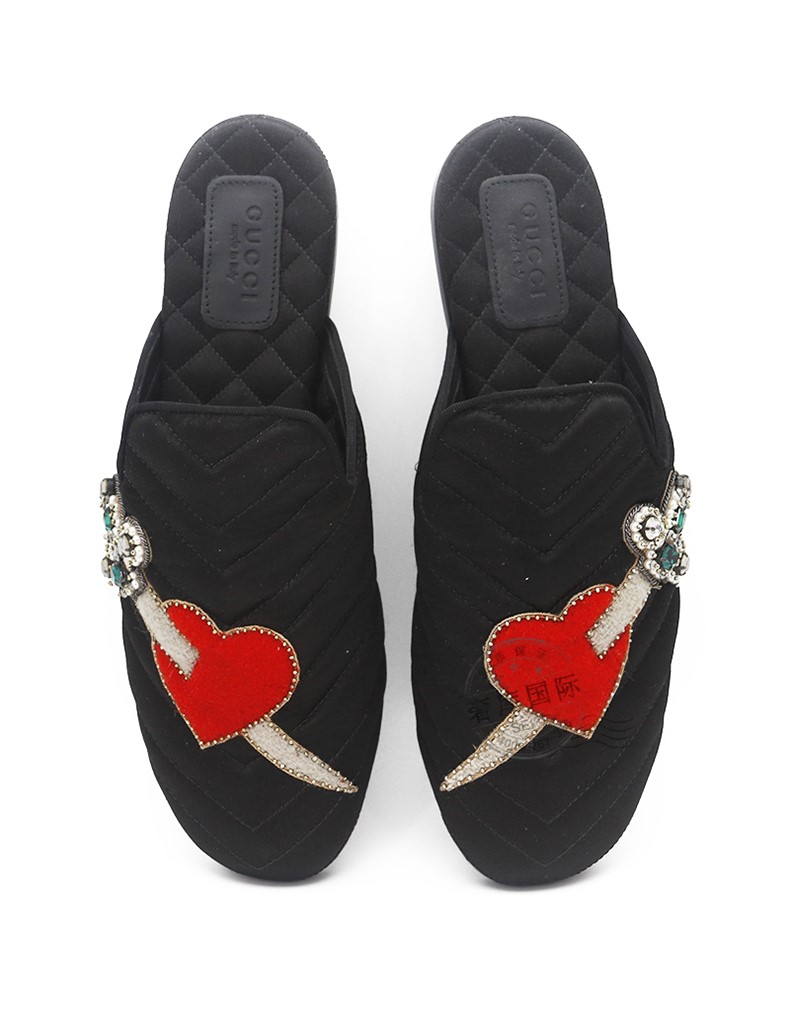gucci古驰女鞋 爱心水晶剑平底拖鞋472159 knd30 1000代购 黑色 35.