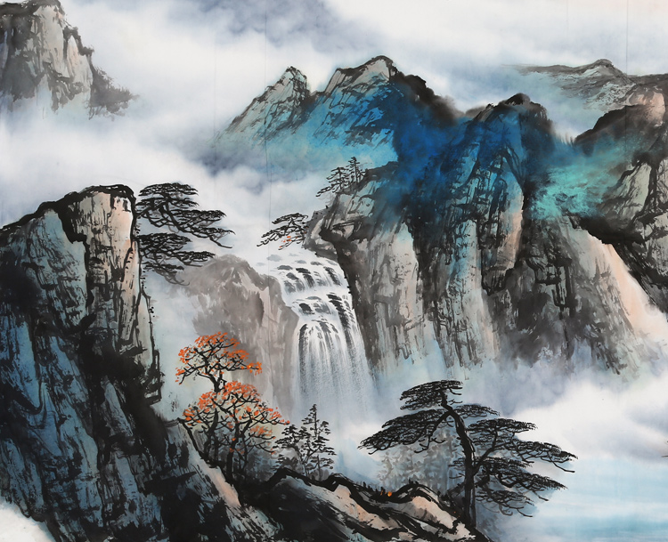 名家刘海粟山水字画四尺横幅写意国画精品手绘名人书画作品带简历纯