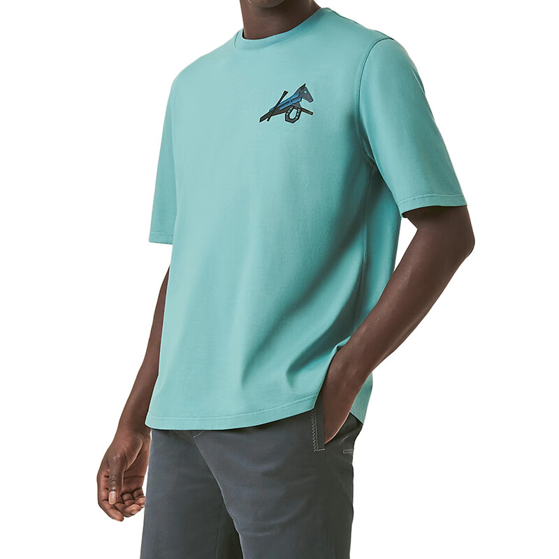 hermes/爱马仕 22年春夏新款 男士青色纯棉迷你皮革贴片短袖t恤h25