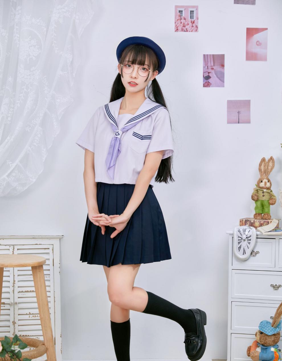 御茶家日系紫色短款水手服短袖中间服原创jk校供感早春学院风绀色下裙