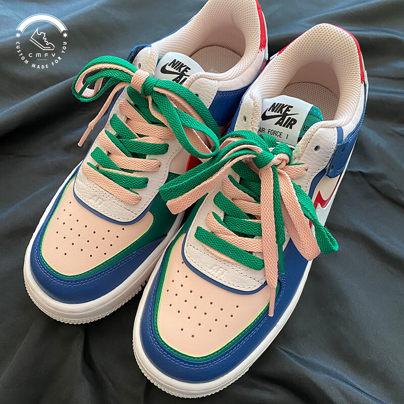 耐克nike空军一号af1ci0919蓝粉机能拼接潮流创意鞋带 蓝绿粉混搭三色