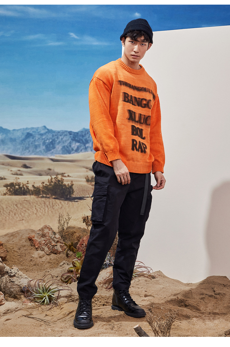 omg潮牌 扎染提花秋冬款圆领套头运动毛衣男士休闲潮流个性毛衫 黑色