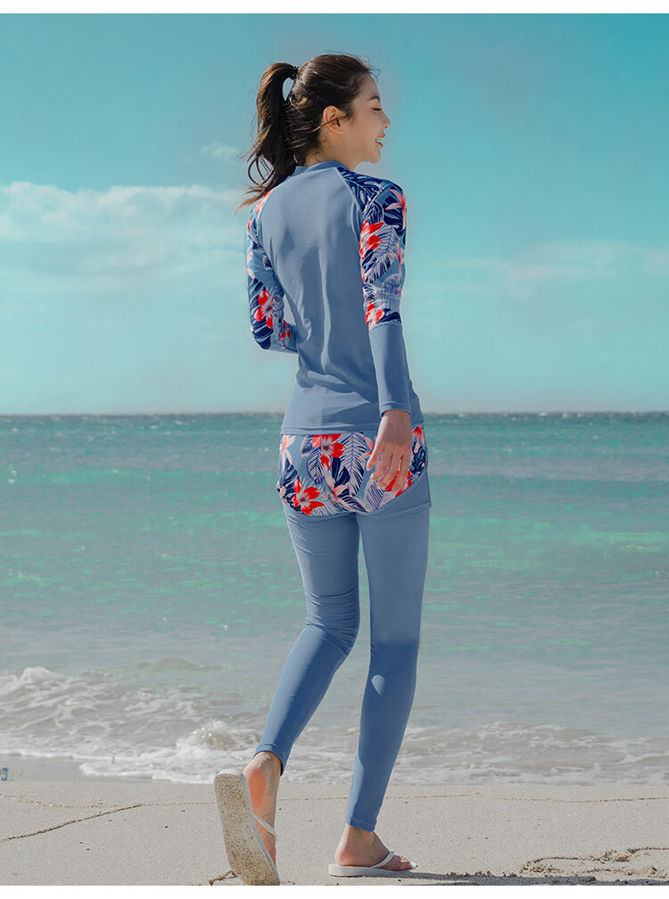2021新款泡温泉女分体遮肚潜水服女长袖浮潜冲浪防晒长裤 2101丈蓝色