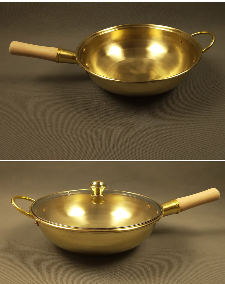 章丘铜锅纯铜炒锅 铜锅加厚 补铜厨具 手工木把炒菜锅 黄铜炒锅燃气熬