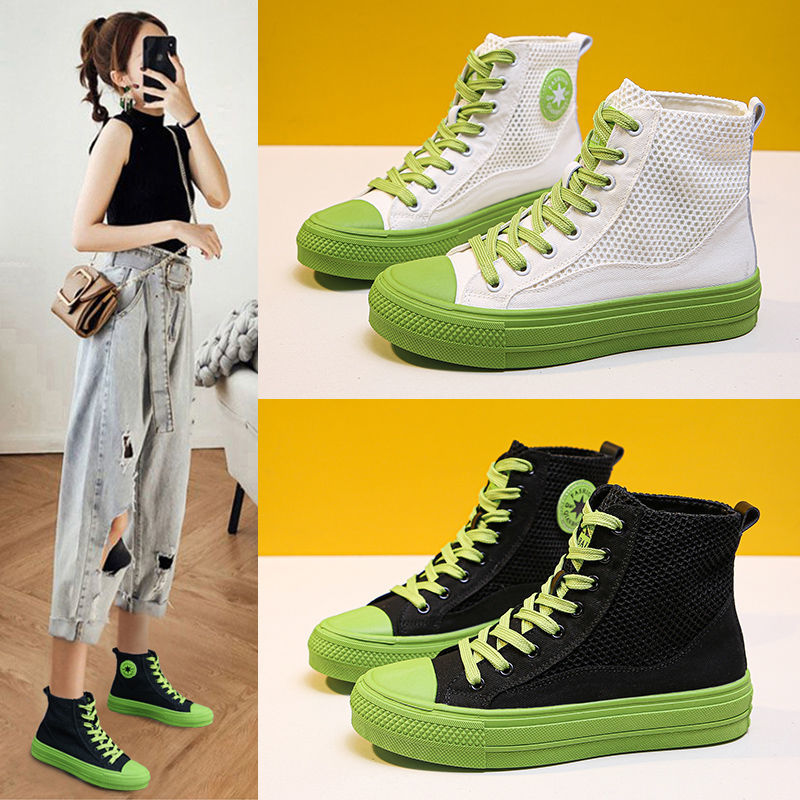 高帮鞋子女2021款夏网鞋女透气网面帆布鞋女学生韩版休闲板鞋黑绿39