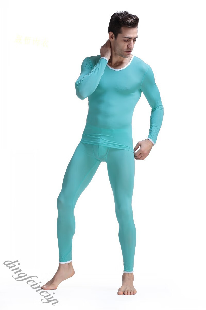 男士高弹力紧身秋衣秋裤套装薄款保暖内衣丝滑冰丝打底衫裤 浅蓝色 m