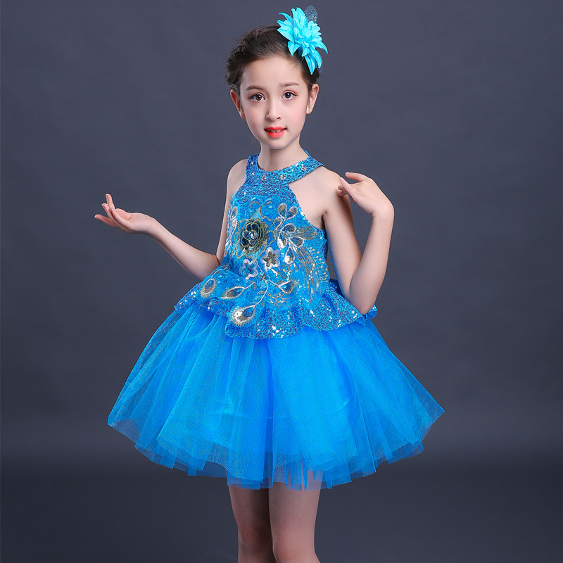 六一儿童幼儿园节目服装女童天蓝色一年级手势舞合唱表演服蓬蓬裙 天