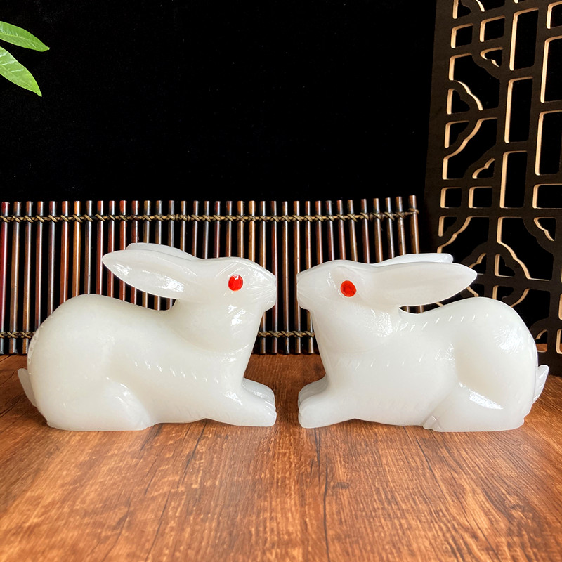 qwc 天然玉石玉兔子摆件生肖兔玄关酒柜装饰家居吉祥物大号手工雕刻