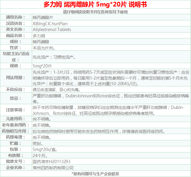多力姆烯丙雌醇片5mg20片1瓶常州四药制药有限公司1盒