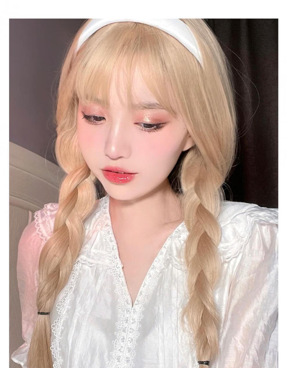 假发lolita双马尾假发女长发圆脸lolita中长发型减龄双马尾麻花辫金色